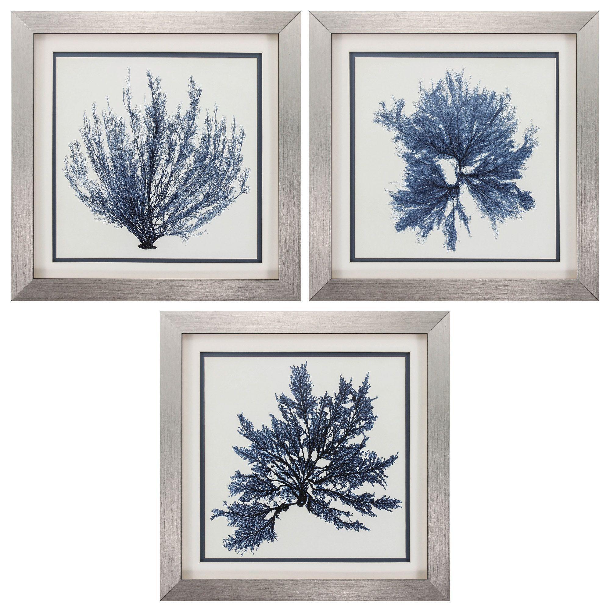 Set of 3 White and Blue Coastal Seaweed Wall Art Decors 22