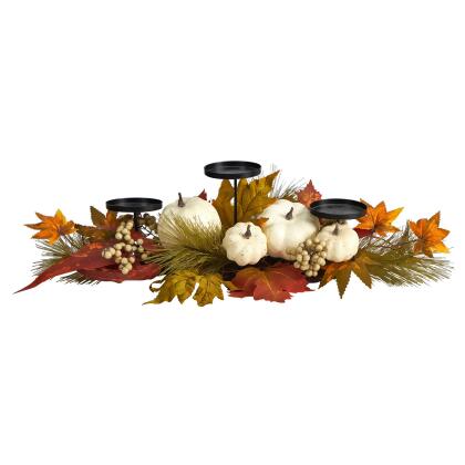 22” White Pumpkin and Maple Leaf Fall Harvest Candelabrum