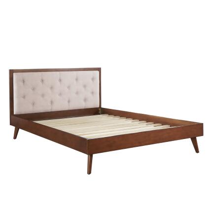 84.25” Brown and Beige Queen Size Bed Frame with Upholstered Headboard 