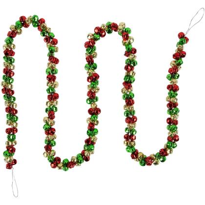 5' Green, Gold and Red Jingle Bell Christmas Garland, Unlit 