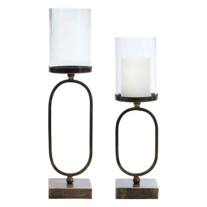 Set of 2 Brown and Black Textured Glass Hurricane Candle Holders 18