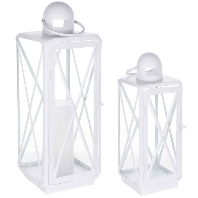 Set of 2 White Traditional Curved Candle Lanterns with Cross Paned 23