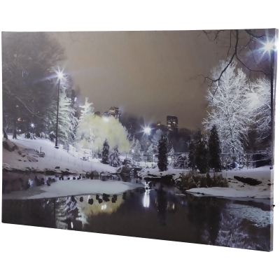 LED Lighted Nighttime City Park Winter Scene Canvas Wall Art 23.5