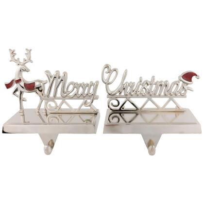 Set of 2 Silver Reindeer Merry Christmas Metal Stocking Holders 5.5