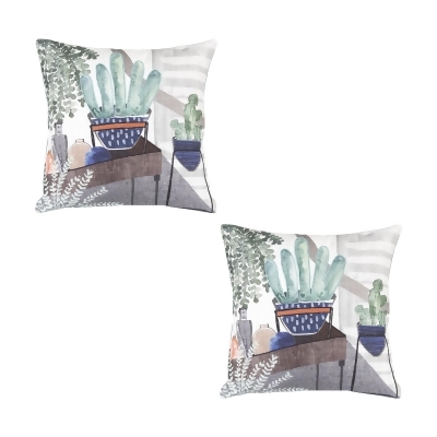 Set of 2 Gray and Green Cactus Square Throw Pillows 15