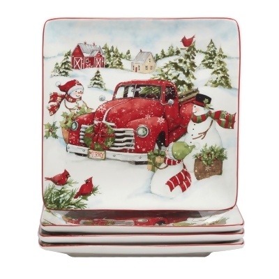 Set of 4 Truck with Snowmen Square Christmas Dinner Plates 10.25
