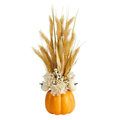 21” Orange Dried Wheat Fall Harvest Artificial Arrangement in Pumpkin Vase