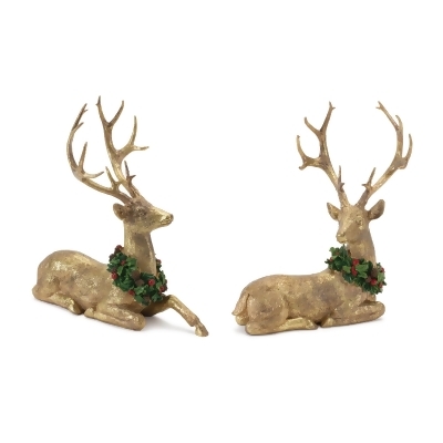 Set of 2 Laying Deer with Holly Wreath Christmas Tabletop Figurines 10.5