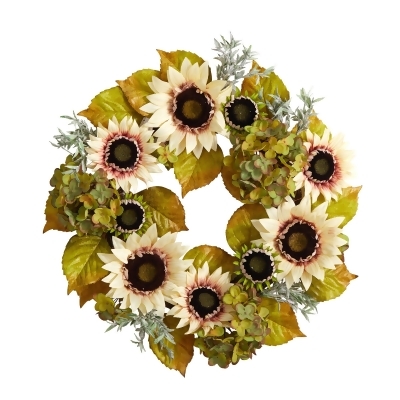 Sunflower and Hydrangea Autumn Artificial Wreath, 24-Inch, Unlit 