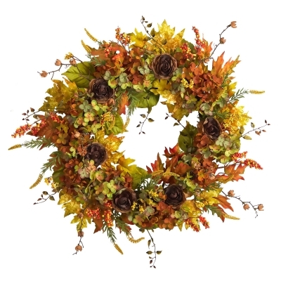 Hydrangea with Ranunculus and Maple Leaves Artificial Fall Harvest Wreath, 32-Inch, Unlit 