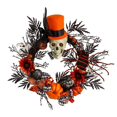 Spider and Skull with Top Hat Halloween Wreath, 30-Inch, Unlit 