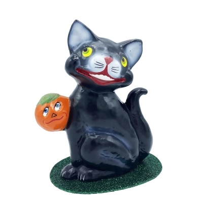 8” Paper Mache Whimsical Cat with Pumpkin Halloween Figurine 