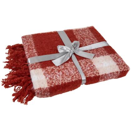 Red Plaid Woven Fringed Christmas Throw Blanket 50