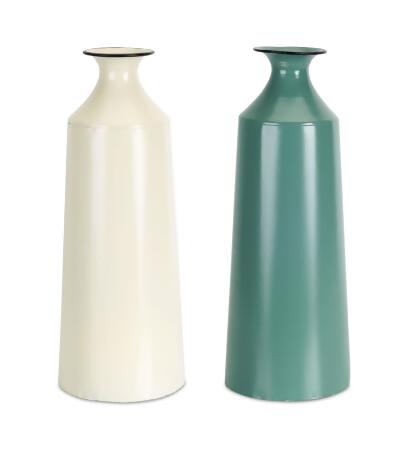 Creamy Vintage Style Iron Vase 12” - White and Green - Set of 2 