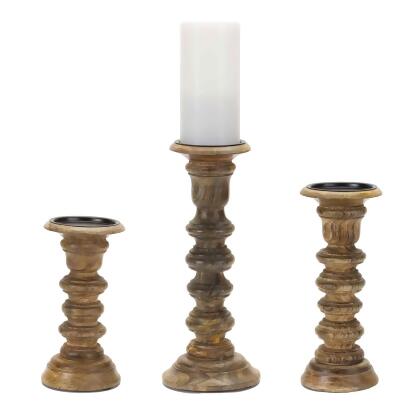 Natural Mango Wood Spindle Candle Holders - 12