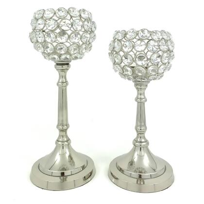 Crystal Hurricane Tealight Candle Holders - 10” - Silver - Set of 2 