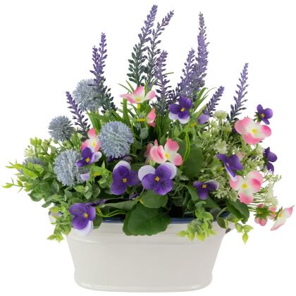 Artificial Lavender and Mixed Spring Floral in Weathered Ceramic Pot - 12