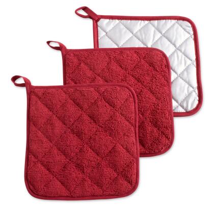 Set of 3 Barn Red Terry Geometric Pattern Squared Potholders 7