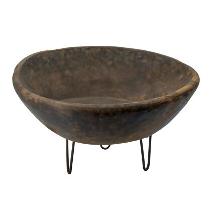 Hand-Carved Wooden Bowl with Metal Hairpin Legs - 20