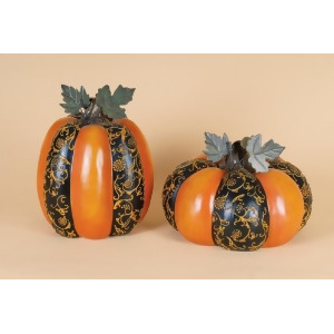 2 Harvest Orange and Black Floral Thanksgiving Pumpkin Table Top Decorations - All