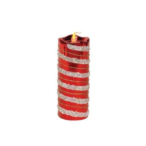 8 Red and Gold Glitter Striped Flameless Led Christmas Pillar Candle - All