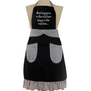 24 Embroidered What Happens in the Kitchen Chefs Apron with Black Stripe Trim - All