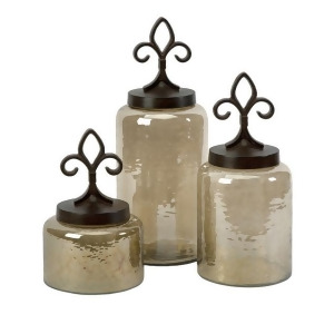 Set of 3 Earth Toned Glass Jars with Decorative Fleur de Lis Lids 15.25 - All