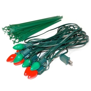 Set of 10 Red and Green C7 Christmas Pathway Marker lawn Stakes Green Wire - All