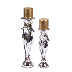 Set of 2 Porcelain Silver Reindeer Christmas Pillar Candle Holders - All