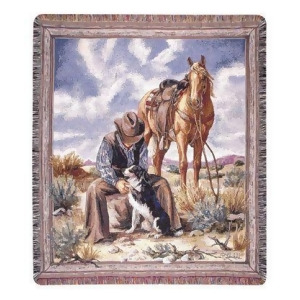 Cowboy Relaxing In Desert With His Horse Dogs Tapestry Throw Blanket 50 x 60 - All
