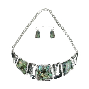 Set of Abalone Shell and Hammered Silvertone Jewelry Necklace and Earrings - All