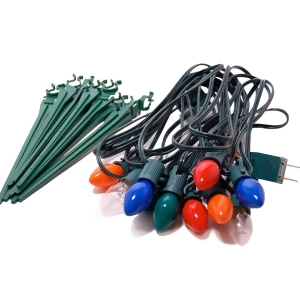 Set of 10 Bright Multi-Color C7 Party Pathway Marker Lawn Stakes Green Wire - All