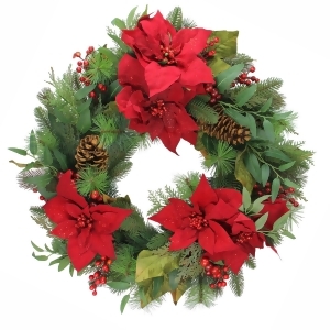 26 Poinsettia Berry and Pine Cone Artificial Christmas Wreath Unlit - All