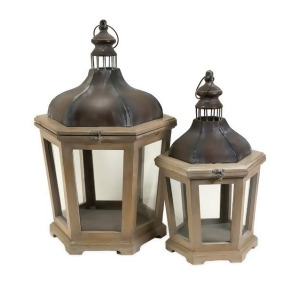 Set of 2 White-Washed Wood Pillar Candle Lanterns with Aged Metal Accents 26.5 - All