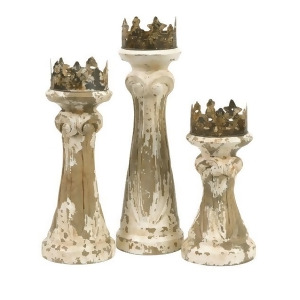 Set of 3 Distressed Hand Carved Wooden Regal Pillar Candle Holders 17.25 - All