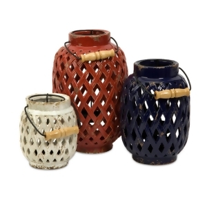 Set of 3 Patriotic Red White and Blue Lattice Pattern Pillar Candle Lanterns - All