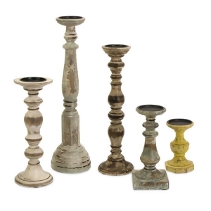 Set of 5 Rustic Finish Distressed Wood Pillar Candle Holders - All