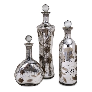 Set of 3 Botanical Etched Mercury Glass Decorative Bottles with Stoppers - All