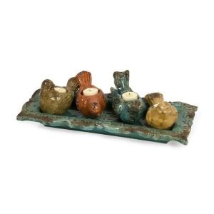 Set of 5 Distressed Hedren Ceramic Bird Tea Light Candle Holders and Tray - All