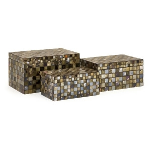 Set of 3 Decorative Neutral Glass and Mirrored Tiles Noida Mosaic Lidded Boxes - All