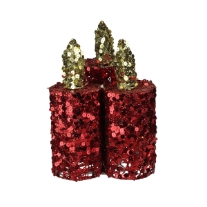 9 Red and Gold Sequined Flameless Led Lighted Christmas Pillar Candle Trio - All