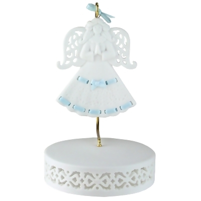 Blue Ribbon Porcelain Angel Ornament With Hanger and Base #46721B 