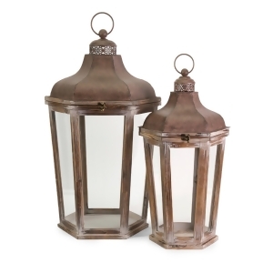 Set of 2 Noble Brown Hinged Lid Pillar Candle Holder Lanterns - All