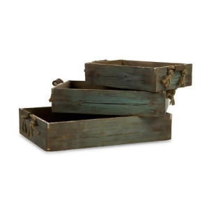 Set of 3 Weathered Wooden Blue Trays with Rope Handles - All