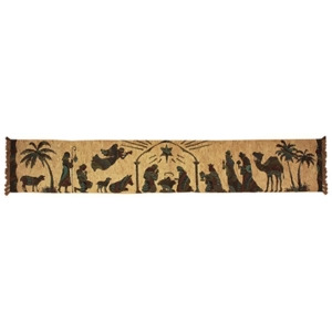 72 Away in a Manger Brown on Tan Nativity Silhouette Decorative Table Runner - All
