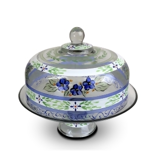 Blue Floral Hand Painted Glass Large Convertible Cake Dome 11 - All