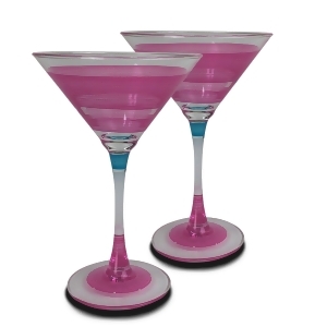 Set of 2 Pink Retro Stripe Hand Painted Martini Drinking Glasses 7.5 Ounces - All