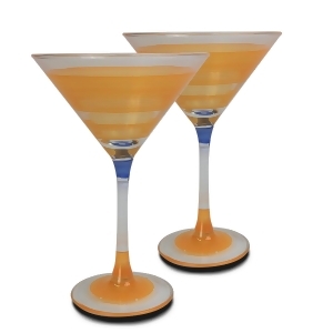 Set of 2 Orange Retro Stripe Hand Painted Martini Drinking Glasses 7.5 Ounces - All