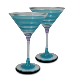 Set of 2 Turquoise Stripe Hand Painted Martini Drinking Glasses 7.5 Ounces - All