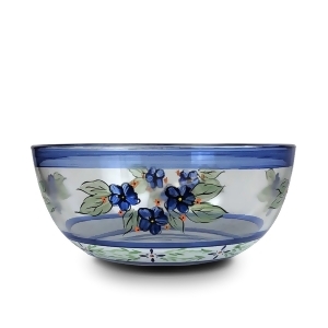 Blue Floral with Blue and White Stripes Hand Painted Glass Serving Bowl 11 - All